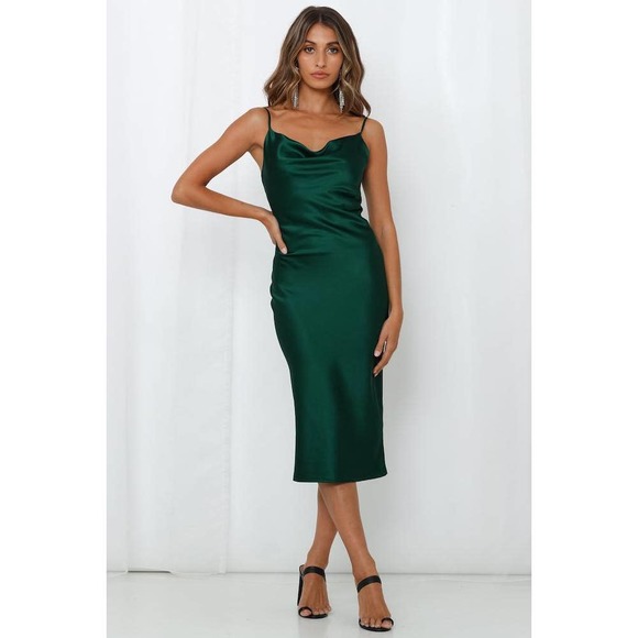Hello Molly Dresses & Skirts - Hello Molly emerald green satin slip midi dress